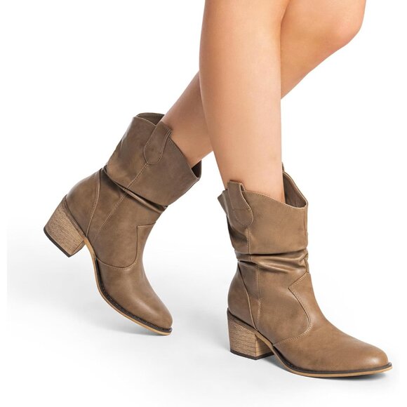 Women's Brown Modern Cowboy Boots Mid Calf Round Toe Chunky Heel Ankle Boots - Picture 7 of 7
